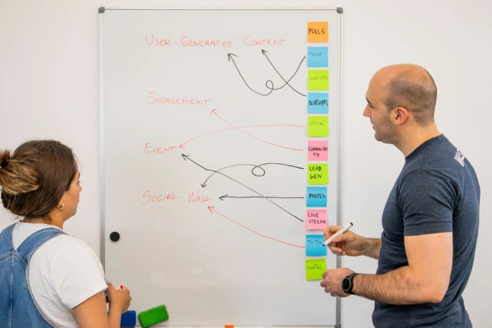 a man and a woman standing in front of a whiteboard